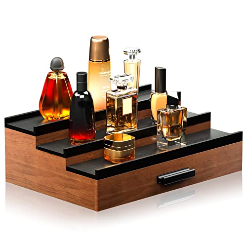 Sephyroth Cologne Organizer for Men 3 Tier of Elevated Cologne Display Shelf with Drawer Storage Perfume Organization and Storage Display Risers,Great Gift for Man(Walnut Black) - color: Walnut Black