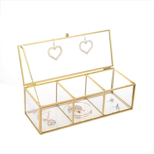 Feyarl Gold Glass Tea Bags Box Sea Shell Display Organizer Cosmetics Countertop Canister Box Jar Storage Glass Jewelry Trinket Ring Earring Box Container for Girl Women Gift