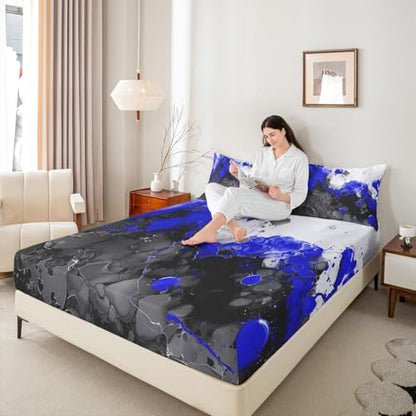 Abstract Art Fitted Sheet Blue Twin Bed Sheets | Ombre Marble Texture Ink Fluid Art Gradient Black Marbling Bed Set - color: Blue, size: Twin