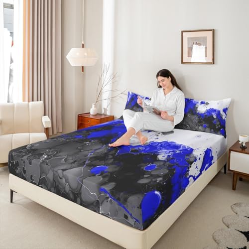 Abstract Art Fitted Sheet Blue Bed Sheets | Ombre Marble Texture Ink Fluid Art Gradient Black Marbling Sheets Queen Size Bed Set - color: Blue, size: Queen