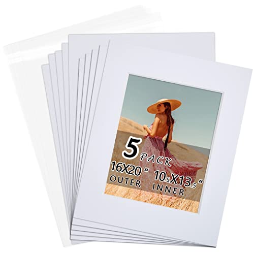 Falling in Art 5 Pack Acid Free 16x20'' White Picture Mats Board Show Kit for 11x14'' Pictures, 4-Ply Beveled Pre-Cut Photo Boards with Backing Board and Plastic Clear Bags - size: 16x20-5 Pack