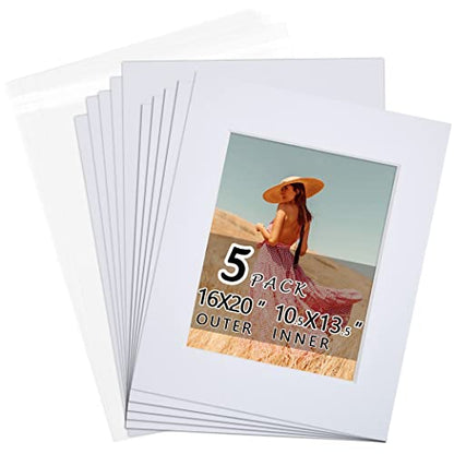 Falling in Art 5 Pack Acid Free 16x20'' White Picture Mats Board Show Kit for 11x14'' Pictures, 4-Ply Beveled Pre-Cut Photo Boards with Backing Board and Plastic Clear Bags - size: 16x20-5 Pack