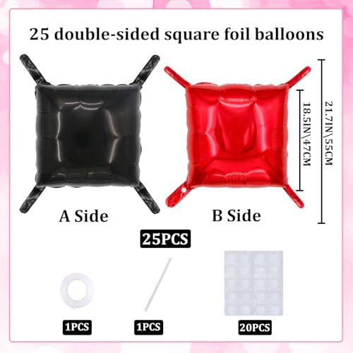 Red and Black Party Balloon Backdrop Kit, 25pcs Double-Sided Square Foil Balloons for Racing Theme, Gaming Birthday, Photo Booth Wall Decoration for Indoor Party Celebration - color: Red 、black