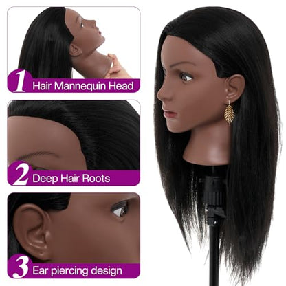 20-22 Inch Mannequin Head Human Hair with Stand,100% Real Human Hair Mannequin Head for Braiding,Cosmetology Manikin Doll Head for Styling with Table Clamp Hair Braiding Set(Brown) - color: 30 Black