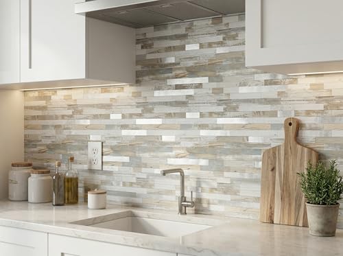 Yipscazo 10 Sheets Peel and Stick Stone Metal Tile Backsplash, Stick on Tiles for Backsplash Kitchen, Bathroom, Laundry Room, Camper, Fireplace (12'' X 12'', White Wood with Metal) - color: White Wood With Metal