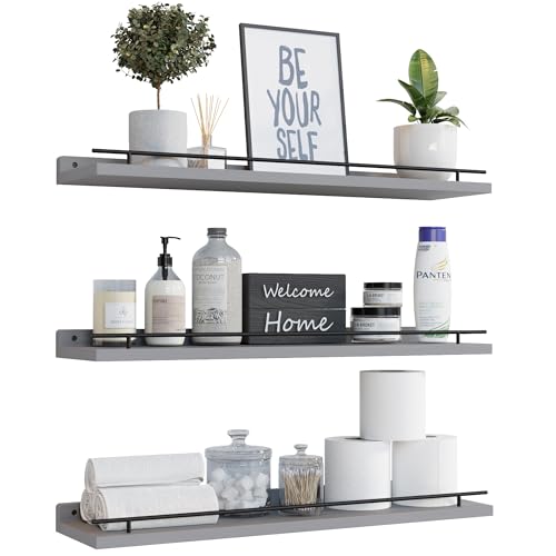 WOPITUES Floating Shelves 24 inch with Black Metal Guardrail, Shelves for Wall Decor Set of 3, Wall Shelves for Bedroom, Bathroom, Kitchen, Living Room, Plants, Picture Frames, Art- Grey - color: Grey, size: 23.6 inch