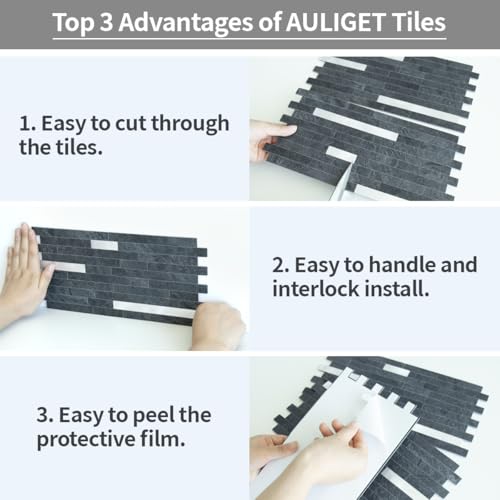 AULIGET 2 Sheets Black Slate Peel and Stick Backsplash, PVC Mixed Metal Silver Wall Tile Stick on Backsplash for Kitchen and Bathroom - color: Black Slate + Metal Silver, size: 2 Sheets, 6"x12"x0.12"