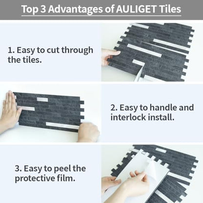 AULIGET 2 Sheets Black Slate Peel and Stick Backsplash, PVC Mixed Metal Silver Wall Tile Stick on Backsplash for Kitchen and Bathroom - color: Black Slate + Metal Silver, size: 2 Sheets, 6"x12"x0.12"