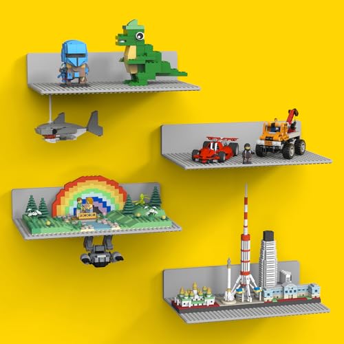 BlissBox 4-Pack Display Shelves for Wall Compatible with Lego Building Bricks, 11.3x6.3inch Dual‑Sided 36x20 Studs for Toy Brick Storage and Display, ABS Display Shelves for Room Decor, Gray - color: Grey