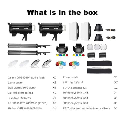 Godox 2 Pack DP600III-V DP600IIIV 1200Ws Photo Speedlite Studio Flash Strobe Monolight Bowens Mount Kit for Studio Shooting with Softbox,Light Stand,Barn Door Kit,Reflector