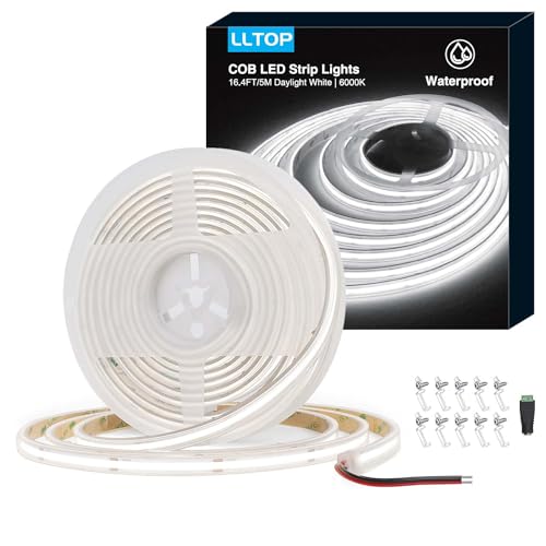 LLTOP COB LED Strip Lights Waterproof IP67 DC24v Daylight White 6000K 16.4ft/5m High CRI 92Ra+ Outdoor LED Tape Lighting DIY Cuttable for Bedroom Kitchen Cabinet Shelf (Power Supply Not Included) - color: Daylight White 6000K (power supply not included)