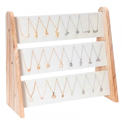 Necklace Holder 3 Tier Wood Necklace Organizer Stand with White Velvet, Necklace Display Stand for Selling, Chain Necklace Holder Rack for Show, 72 Necklaces Bracelets - style: One-Sided White
