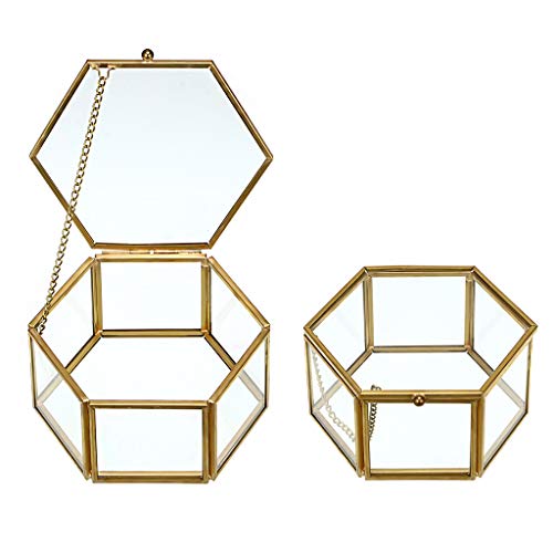 Hipiwe Preserved Flower Glass Box, Hexagon Glass Jewelry Decorative Bin, Ornate Trinket Display Organizer Case Keepsake Box Gift for Women