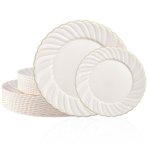 U-QE 60 Pcs Ivory Plastic Plates with Gold Trim – Scalloped Plate Disposable for Party - Elegant Plastic Plates Include 30 10.25" Dinner & 30 7.25" Dessert Plates for Party - color: Ivory Gold