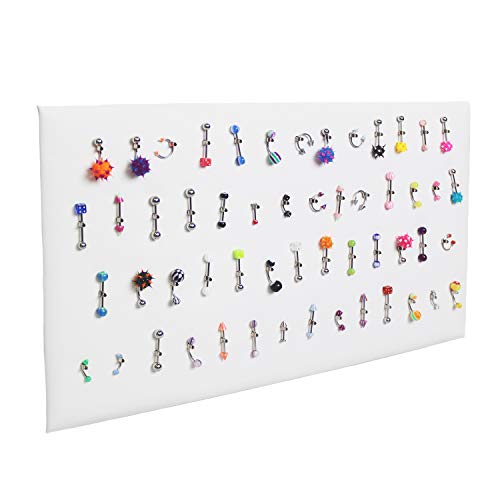 MOOCA 54 Clip Pendant/Body Jewelry Showcase Display Pad with Built in Easel for Belly Button Rings, Tongue Rings and Industrial Barbell Organizer, White Leatherette, 2 Pieces Set - color: White Faux Leather
