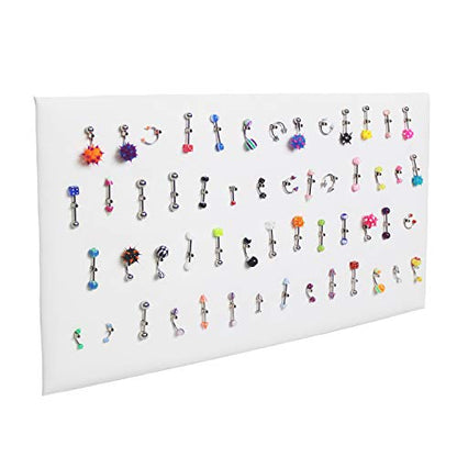 MOOCA 54 Clip Pendant/Body Jewelry Showcase Display Pad with Built in Easel for Belly Button Rings, Tongue Rings and Industrial Barbell Organizer, White Leatherette, 2 Pieces Set - color: White Faux Leather
