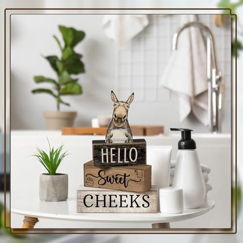 Moucuny 4 Pcs Donkey Bathroom Decor Set Farmhouse Bathroom Decor and Accessories Rustic Hello Sweet Cheeks Wooden Blocks Signs Funny Donkey Toilet Shelf Decoration for Home Office Half Bath - style: Donkey