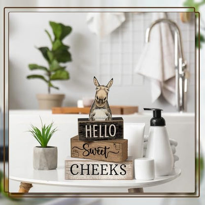 Moucuny 4 Pcs Donkey Bathroom Decor Set Farmhouse Bathroom Decor and Accessories Rustic Hello Sweet Cheeks Wooden Blocks Signs Funny Donkey Toilet Shelf Decoration for Home Office Half Bath - style: Donkey