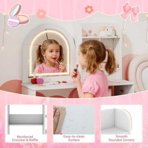 Costzon Kids Vanity with Lights, Girls Vanity Set with Mirror, Storage Drawer, Hooks & Shelves, Toddler Makeup Vanity Desk Dressing Table, Wooden Kids Vanity Table and Chair Set (White) - style: White with Open Shelves
