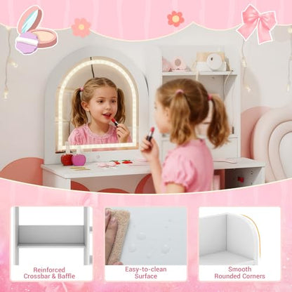 Costzon Kids Vanity with Lights, Girls Vanity Set with Mirror, Storage Drawer, Hooks & Shelves, Toddler Makeup Vanity Desk Dressing Table, Wooden Kids Vanity Table and Chair Set (White) - style: White with Open Shelves