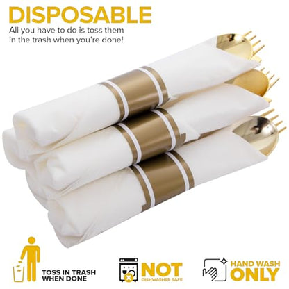 50Guests Pre Rolled Gold Plastic Silverware Sets - Heavy Duty Gold Cutlery - Include 50 Pack Wrapped Disposable Utensils with Napkins for Parties, Dinners & Weddings - color: 50Pack - Gold