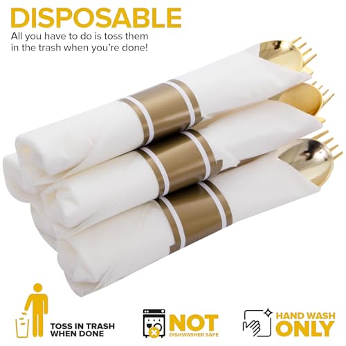 200Guests Pre Rolled Gold Plastic Silverware Sets - Heavy Duty Gold Cutlery - Include 200 Pack Wrapped Disposable Utensils with Napkins for Parties & Dinners & Weddings - color: 200Pack - Gold