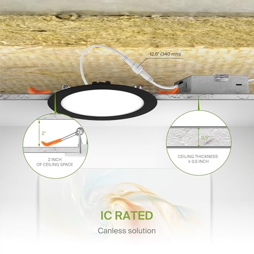 ASD 1 Pack LED Recessed Lighting 6 Inch 15W, 5 CCT 2700K-5000K CRI90+, IC Rated Ultra Thin Dimmable Ceiling Lights with J Box, Canless Wafer Downlight, Round Slim Panel Light, UL Energy Star, Black - color: Black, size: 6 Inch 15 Watt 1 Pack