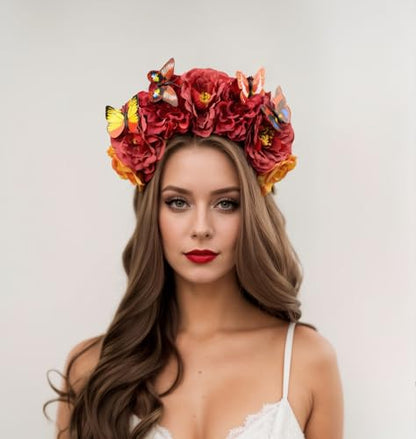 Elegant Butterfly Flower Headband for Women Boho Handmade Rose Floral Crown Wedding Bridal Festivals Cosplay Prom Photo Props Headpiece (B4 red, Adjustable) - color: B4 red