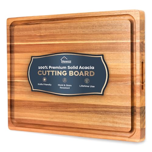 Howizz Acacia Wood Large Cutting Board, Thick Edge Grain Solid Wood Butcher Block For Kitchen, Non Toxic Pre-Oiled Carving Tray w/Juice Grooves and Easy Grip Handle, 20"x15" Thick 1" Gift-Ready Box - color: 1-Edge Grain 1in, size: 20"L x 15"W
