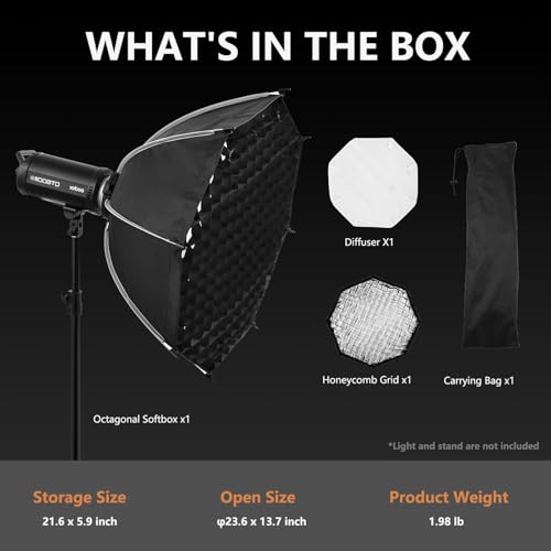 23.6"/60cm Bowens Mount Softbox - Professional Photography Soft Box with Honeycomb Grid, Light Diffusers, Carrying Bag for 120D 600D 300X RC 120D/120B RC 220B MS60B MS60C MS150B S101-300W/400W Pro - size: 23.6"/60cm Softbox