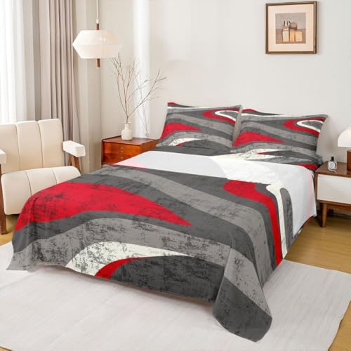 Feelyou Red and Gray Bed Sheets Set Abstract Art Sheet Set for Kids Boys Girls Teens Retro Circle Sheets with Deep Pocket Fitted Sheet Swirl Bedding Set 4Pcs with 2 Pillow Case Full Size - color: Multi Aa04, size: Full
