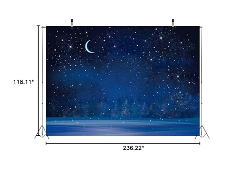 BELECO 20x10ft Fabric Winter Wonderland Night Snowfall Backdrop Blue Starry Sky Moon Stars Snowflakes Fir Trees Pine Forest Snow Scene Background Christmas New Year Party Decoration Photo Studio Props - size: 20x10FT