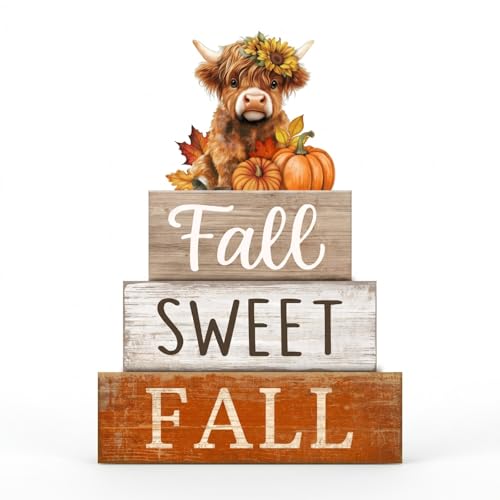 Moucuny 4 Pcs Wooden Tabletop Decor Tiered Tray Decor Centerpiece Rustic Decorative Block Signs Gift Farmhouse Table Decoration for Home Kitchen(Fall Highland Cow) - style: Fall Highland Cow