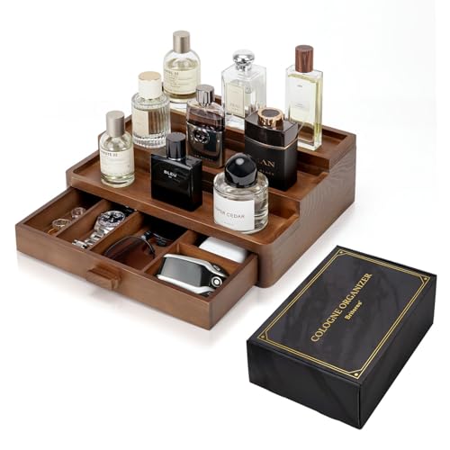 Cologne Organizer for Men, 3 Tier Wooden Cologne Stand with Drawer Storage and Hidden Compartment, Perfume Display Holder for Dresser, Great Gifts for Men and Women Valentine, Brown - color: Brown