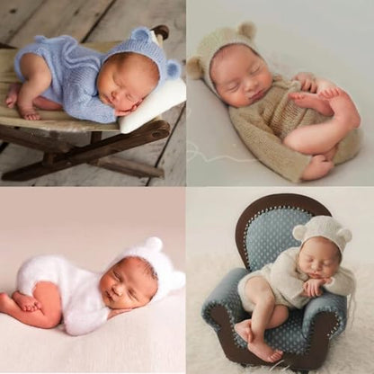 2Pcs Newborn Photography Props Boy Photo Posing Outfits Baby Photoshoots Girl Crochet Bear Hat Romper - color: White-shorts