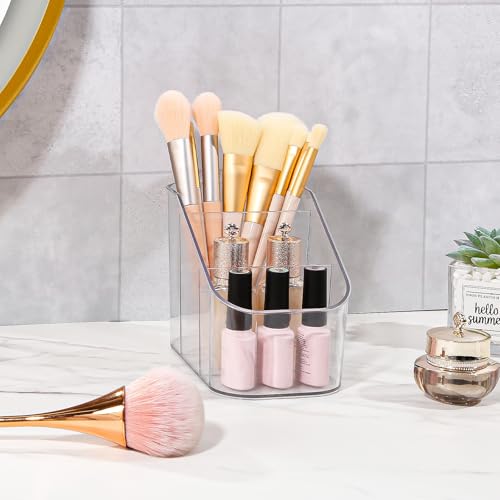 DASITON 3 Slots Makeup Brush Holder, Acrylic Make Up Brush Holder Organizer for Vanity, Bathroom Countertop, Small Makeup Organizer Brush Cup Cosmetic Brushes Storage, Pen Holder for Desk (Clear S) - color: Clear, size: S