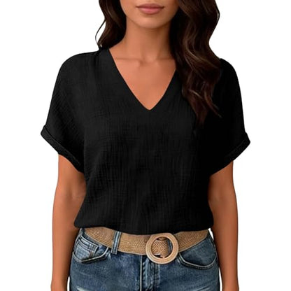 Womens Shirts Cotton Linen v Neck Short Sleeve Blouses Casual Loose Fit Textured Summer Pullovers Daily Wear - color: A02-black, size: Large