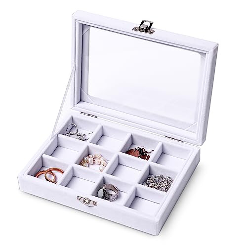 Frebeauty Jewelry Organizer Tray with Clear Lid 12 Grid Velvet Drawer Insert Jewelry Box with Transparent lid Jewelry Display Case Store Showcase Jewelry Box Gift for Women(White,12 Grid) - color: White, size: 12 Grid