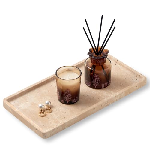 Light Beige Travertine Tray, 11.8"x5.9" Rectangular Marble Vanity Tray for Bathroom Counter, Catchall for Perfume, Jewelry, Cosmetics, Stone Organizer for Dresser & Kitchen Counter - color: Rectangle-beige Travertine (11.8" X 5.9" X 0.7")