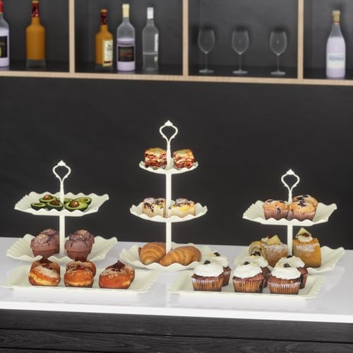 10 Pack Cake Stand Set with 3 x Two-Tier and 3 x Three-Tier Cupcake Stands, Plastic Dessert Table Stand Set 3 Tired Cookie Tray and 4 Pcs Dessert Trays - color: White