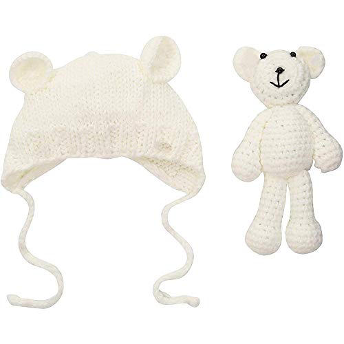 Newborn Baby Photo Shoot Props Boys Girls Crochet Knitted Hat Bear Hat Beanie with Bear Dolls Photography Props - color: White