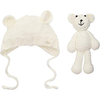 Newborn Baby Photo Shoot Props Boys Girls Crochet Knitted Hat Bear Hat Beanie with Bear Dolls Photography Props - color: White