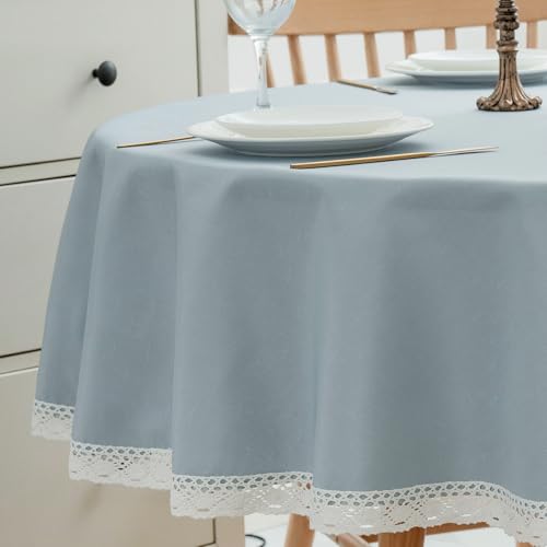 EHouseHome Faux Linen Tablecloth with Lace Trim - Waterproof/Spill Proof/Stain Resistant/Wrinkle Free/Oil Proof - for Banquet, Parties, Dinner,Wedding,Holiday,Blue Fog,Round 60Inch - color: Blue Fog, size: 60" (Round)