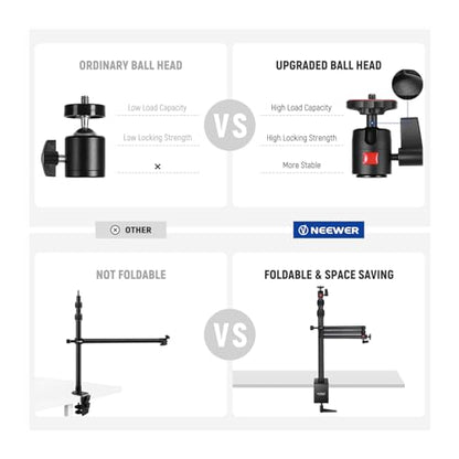 NEEWER Upgraded Overhead Camera Rig with Trifold Camera Boom Arm (Max Load 2lb), 47"/1.2m Telescopic Desk Mount Stand (Max Load 8.8lb) with Phone Clamp Ball Head for LED Light Webcam Mic, TL253A+MH022 - style: TL253A+MH022