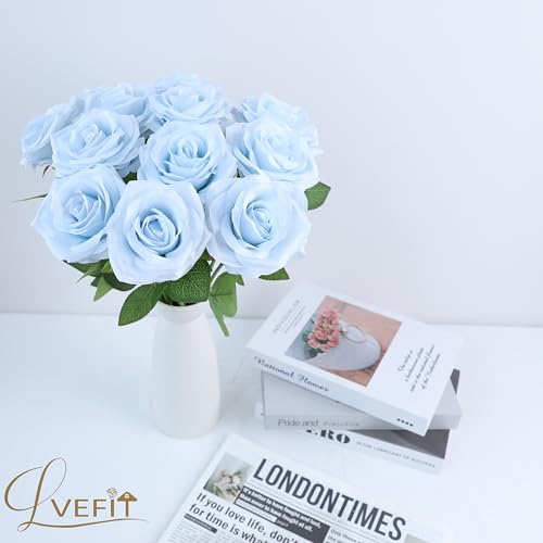 LVEFIT 12pcs Artificial Rose Flower Light Blue Roses Flowers with Long Stem Silk Roses Bouquet for Wedding Bridal Shower Party Home Decoration - color: Light Blue, size: 12pcs
