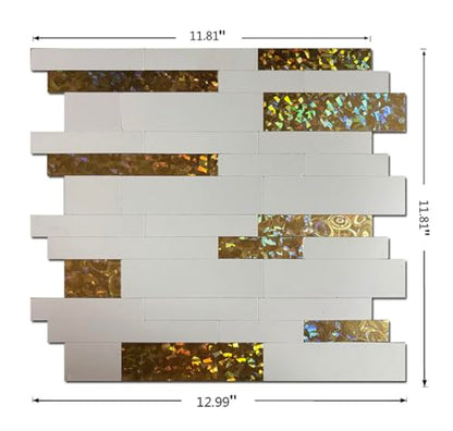10-Sheet Peel and Stick Backsplash Tile, PVC Mixed Meta,l Stick on Kitchen, Bathroom Vanities, Fireplace Décor, Laundry Table (White+Golden Lasing) - color: White+Golden Lasing