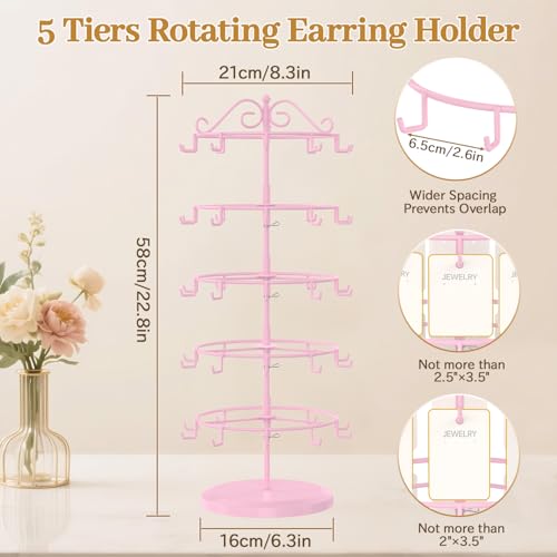 MODOWEY Earring Card Display Stand for Vendors, 50 Hooks Metal Rotating Organizer Rack Holder, 5 Tier Adjustable Jewelry Tree for Stud Pierced Dangle Selling, Boost Sales Compact Earing Hanger, Pink - color: Pink