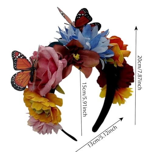 Elegant Butterfly Flower Headband for Women Boho Handmade Rose Floral Crown Wedding Bridal Festivals Cosplay Prom Photo Props Headpiece (C2 blue, Adjustable) - color: C2 blue