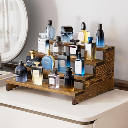 ZUJJAFY Cologne Organizer for Men, 4 Tier Wooden Cologne Stand Mens Fragrance Shelf, Tiered Wood Risers Display Stands for Perfume, Cupcake, Figures, Dessert - color: Carbonized