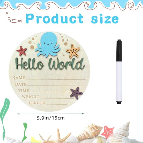 Baby Announcement Sign, 5.9 Inch Hello World Newborn Sign for Hospital, 3D Wooden Ocean Nursery Decor with Octopus & Starfish, Birth Stats Plaque with Marker, Arrival Photography Prop (Forest Green)